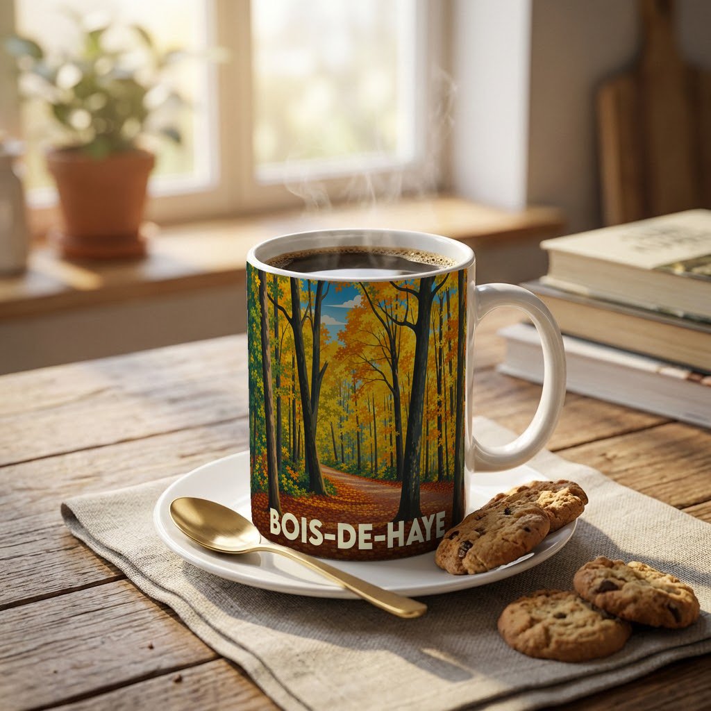 Mug souvenir de la ville de Bois-de-Haye avec une illustration de forêt automnale.