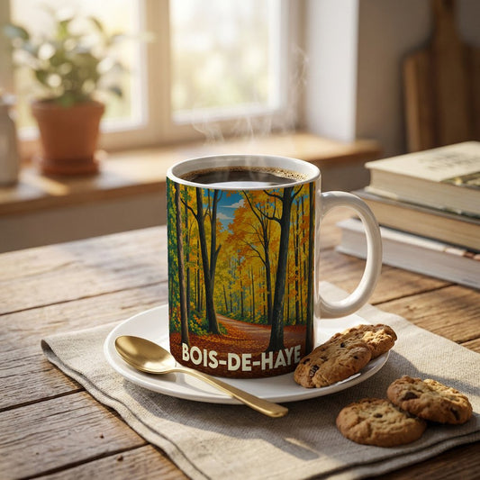 Mug souvenir de la ville de Bois-de-Haye avec une illustration de forêt automnale.