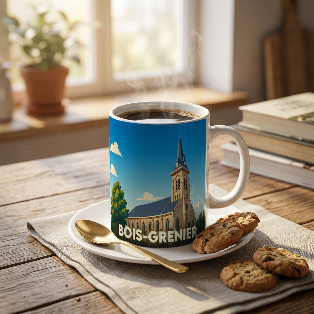 Mug souvenir de la ville de Bois-Grenier avec une illustration stylisée de son église.
