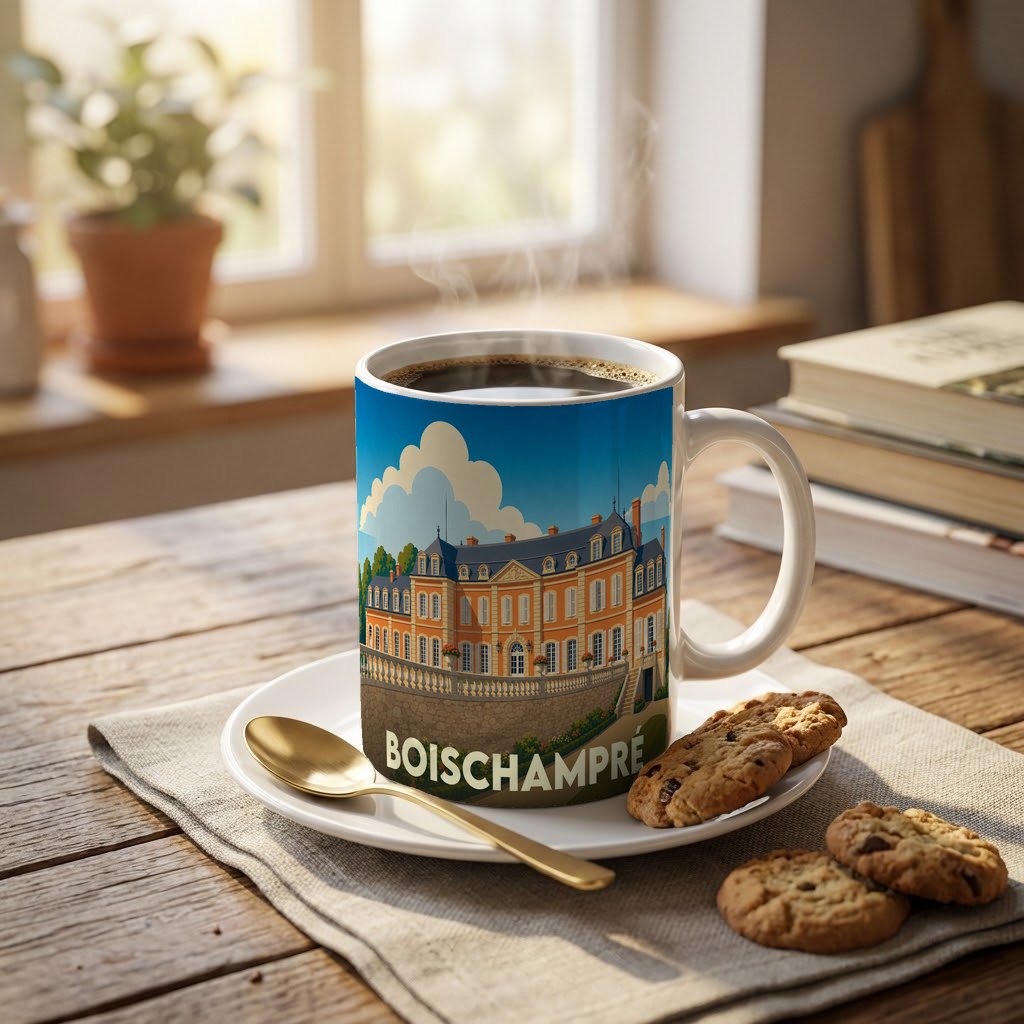 Mug souvenir de la ville de Boischampré illustré d'un château stylisé sous un ciel bleu.
