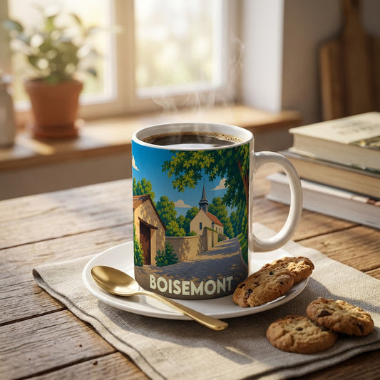 Mug souvenir de la ville de Boisemont avec une illustration stylisée d'un paysage de village.