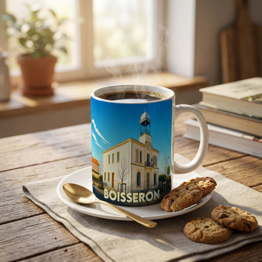 Mug souvenir de la ville de Boisseron avec une illustration stylisée de sa mairie.