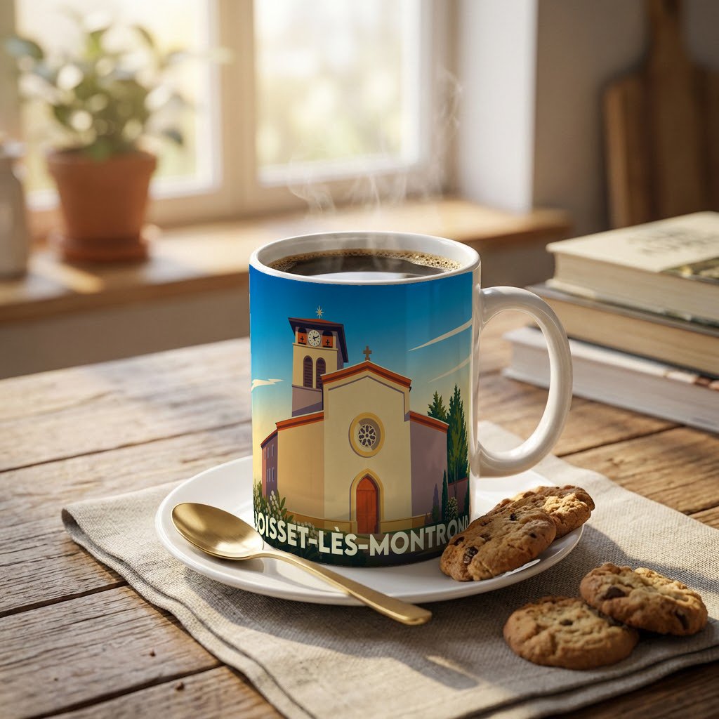 Mug souvenir de la ville de Boisset-lès-Montrond avec une illustration stylisée de son église.