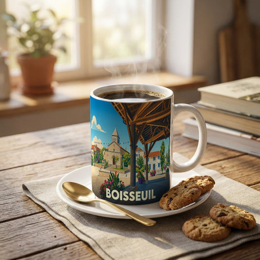 Mug souvenir de la ville de Boisseuil orné d'une illustration stylisée du centre-bourg et de ses halles.