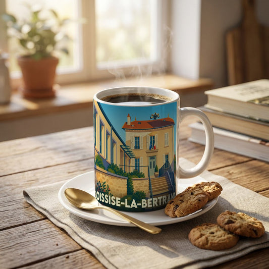 Mug souvenir de la ville de Boissise-la-Bertrand orné d'une illustration stylisée de sa mairie.