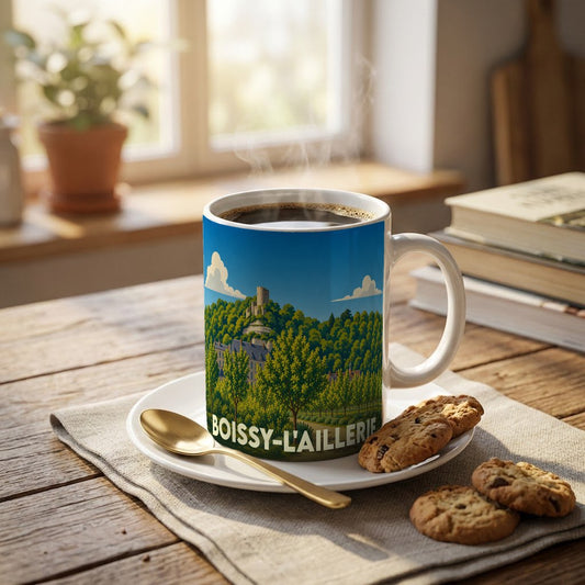 Mug souvenir de la ville de Boissy-l'Aillerie orné d'une illustration de paysage stylisée.