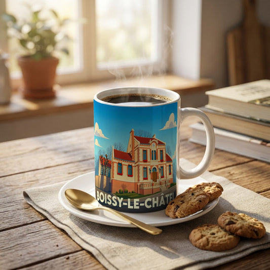 Mug souvenir de la ville de Boissy-le-Châtel orné d'une illustration colorée de la mairie.