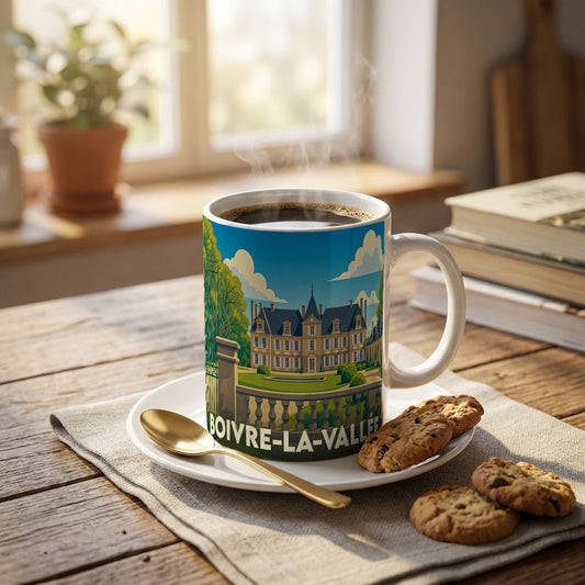 Mug souvenir de la ville de Boivre-la-Vallée avec une illustration stylisée d'un château.