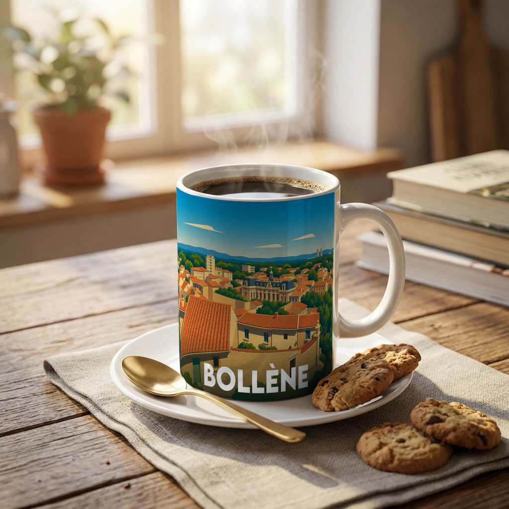Mug souvenir de la ville de Bollène avec une illustration stylisée.