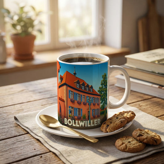 Mug souvenir de la ville de Bollwiller avec une illustration stylisée d'un bâtiment alsacien typique.