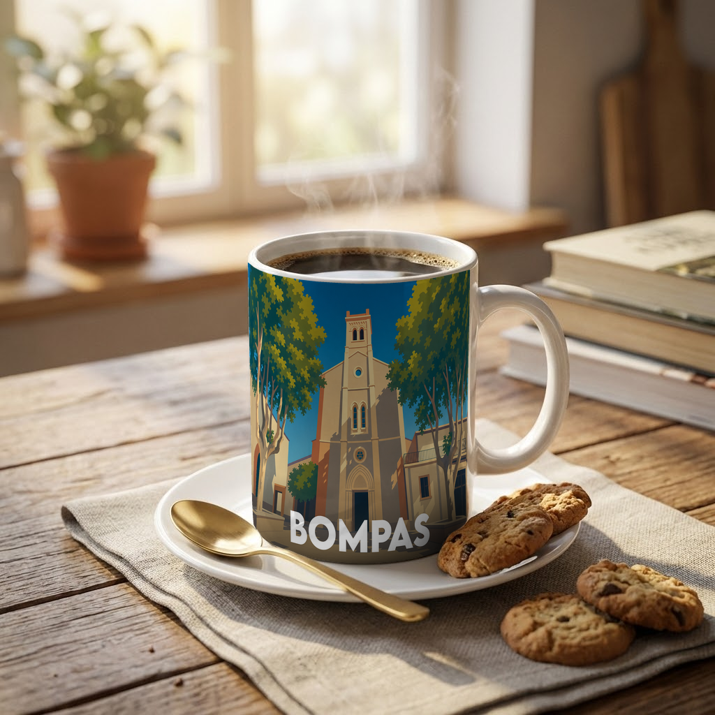 Mug souvenir de la ville de Bompas avec une illustration stylisée de son église entourée d'arbres.