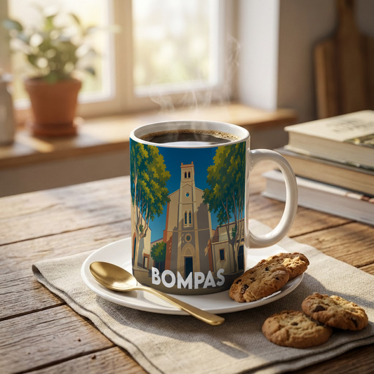 Mug souvenir de la ville de Bompas avec une illustration stylisée de son église entourée d'arbres.