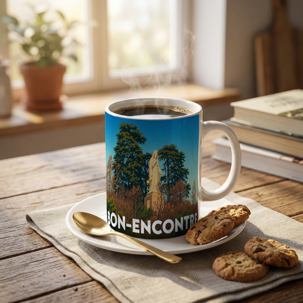 Mug souvenir de la ville de Bon-Encontre avec une illustration stylisée d'une statue dans les bois.