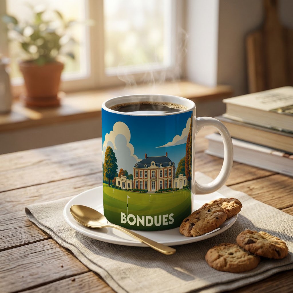 Mug souvenir de la ville de Bondues orné d'une illustration stylisée de son château et de son golf.
