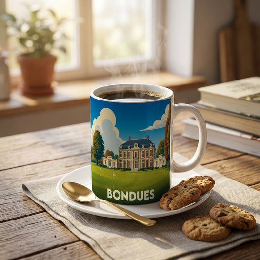 Mug souvenir de la ville de Bondues orné d'une illustration stylisée de son château et de son golf.