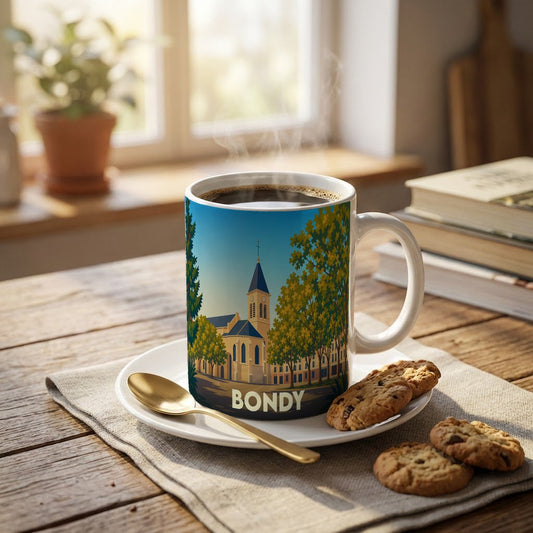 Mug souvenir de la ville de Bondy avec une illustration stylisée d'une église et de paysages arborés.