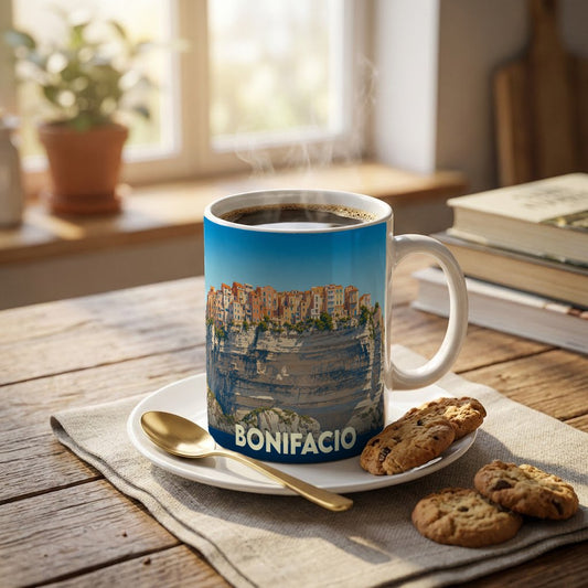 Mug souvenir de la ville de Bonifacio illustré d'un paysage côtier emblématique.