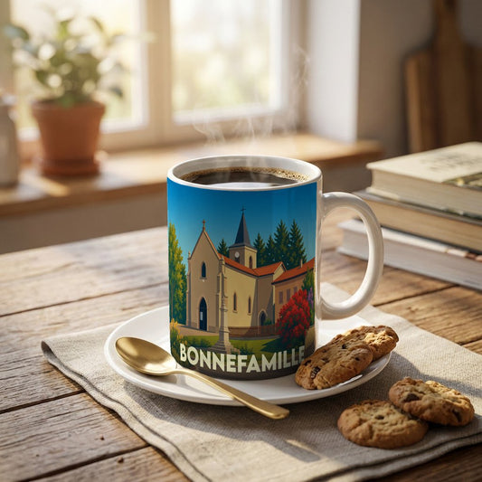 Mug souvenir de la ville de Bonnefamille orné d'une illustration stylisée de son église.
