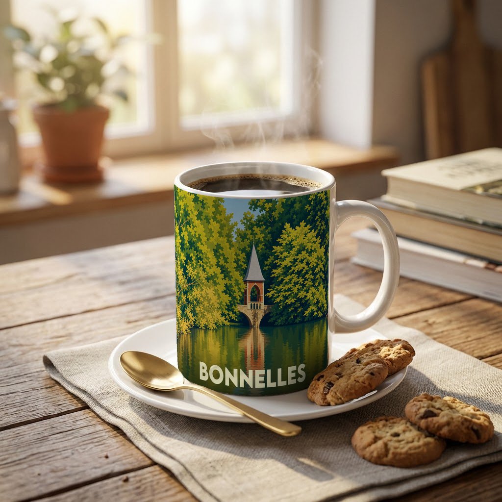 Mug souvenir de la ville de Bonnelles avec une illustration stylisée d'un pavillon au bord de l'eau.