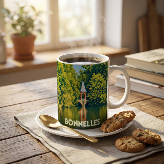 Mug souvenir de la ville de Bonnelles avec une illustration stylisée d'un pavillon au bord de l'eau.