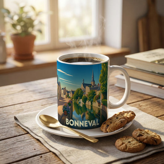 Mug souvenir de la ville de Bonneval avec une illustration stylisée d'un canal.