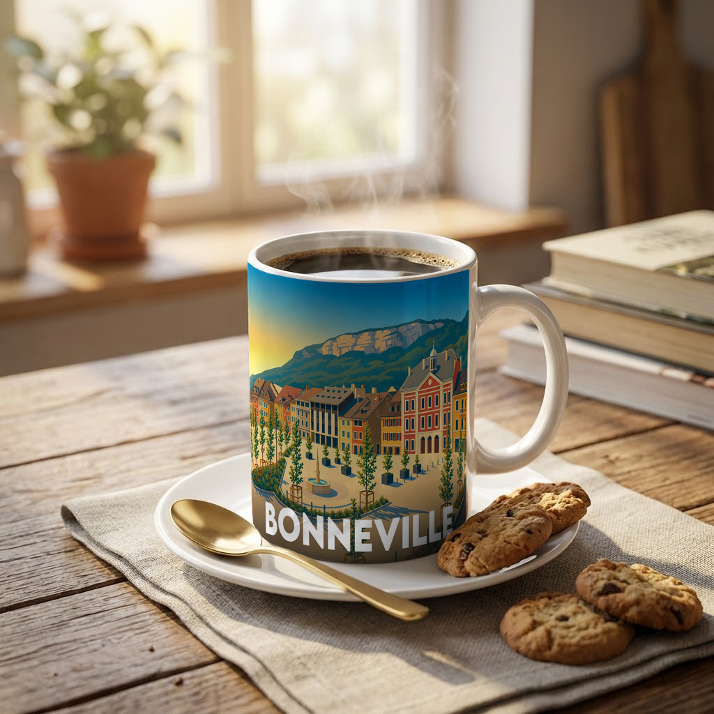 Mug souvenir de la ville de Bonneville avec une illustration stylisée.