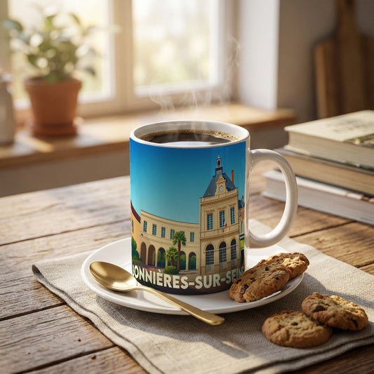 Mug souvenir de la ville de Bonnières-sur-Seine avec une illustration stylisée.