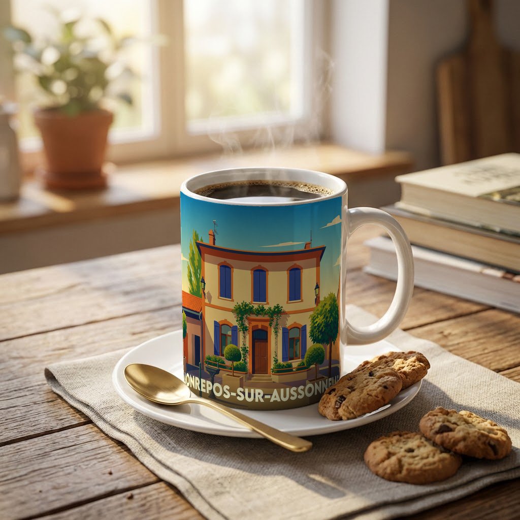 Mug souvenir de Bonrepos-sur-Aussonnelle avec une illustration stylisée d'une maison de village.