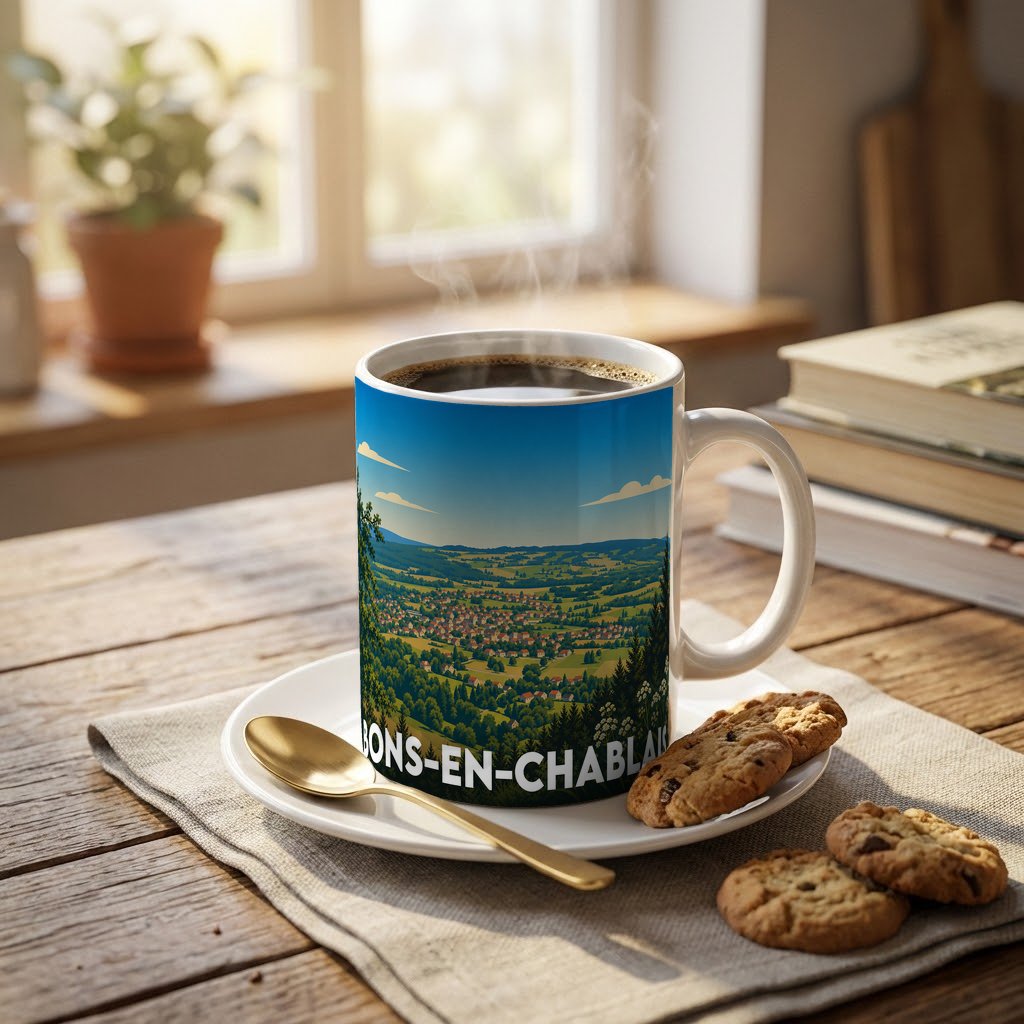 Mug souvenir de la ville de Bons-en-Chablais avec une illustration stylisée d'un paysage vallonné.