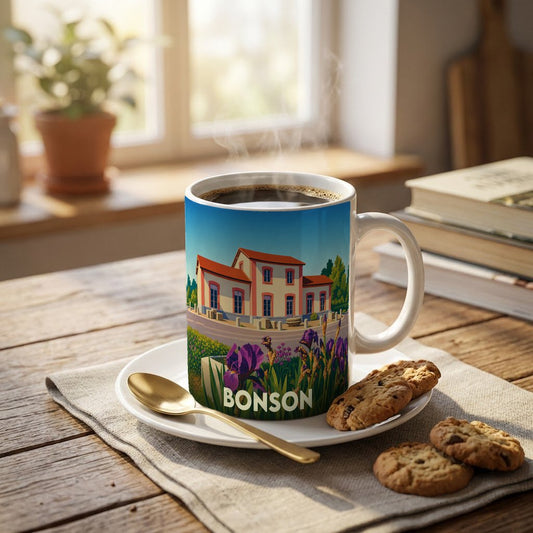 Mug souvenir de la ville de Bonson avec une illustration colorée représentant un bâtiment local et des fleurs.