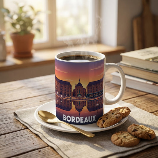 Mug souvenir de la ville de Bordeaux avec une illustration stylisée de la place de la Bourse.