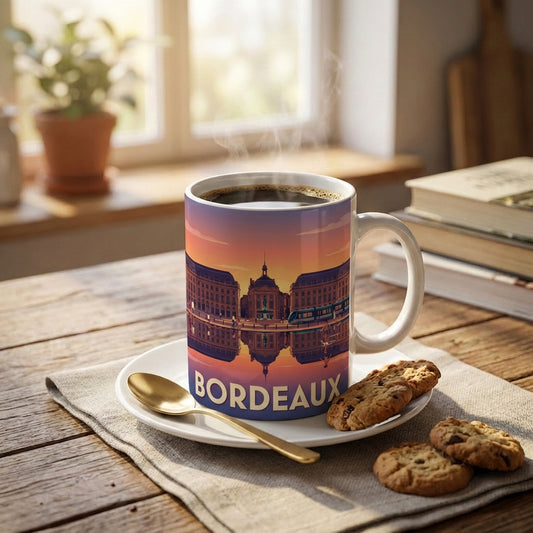 Mug souvenir de la ville de Bordeaux avec une illustration stylisée.
