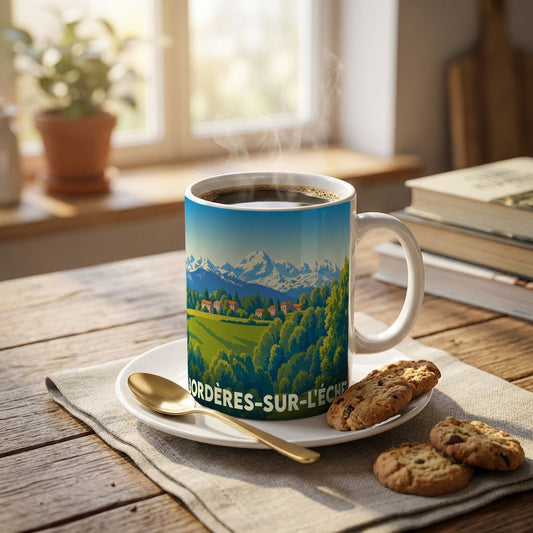 Mug souvenir de la ville de Bordères-sur-l'Échez orné d'une illustration stylisée de montagnes et de verdure.