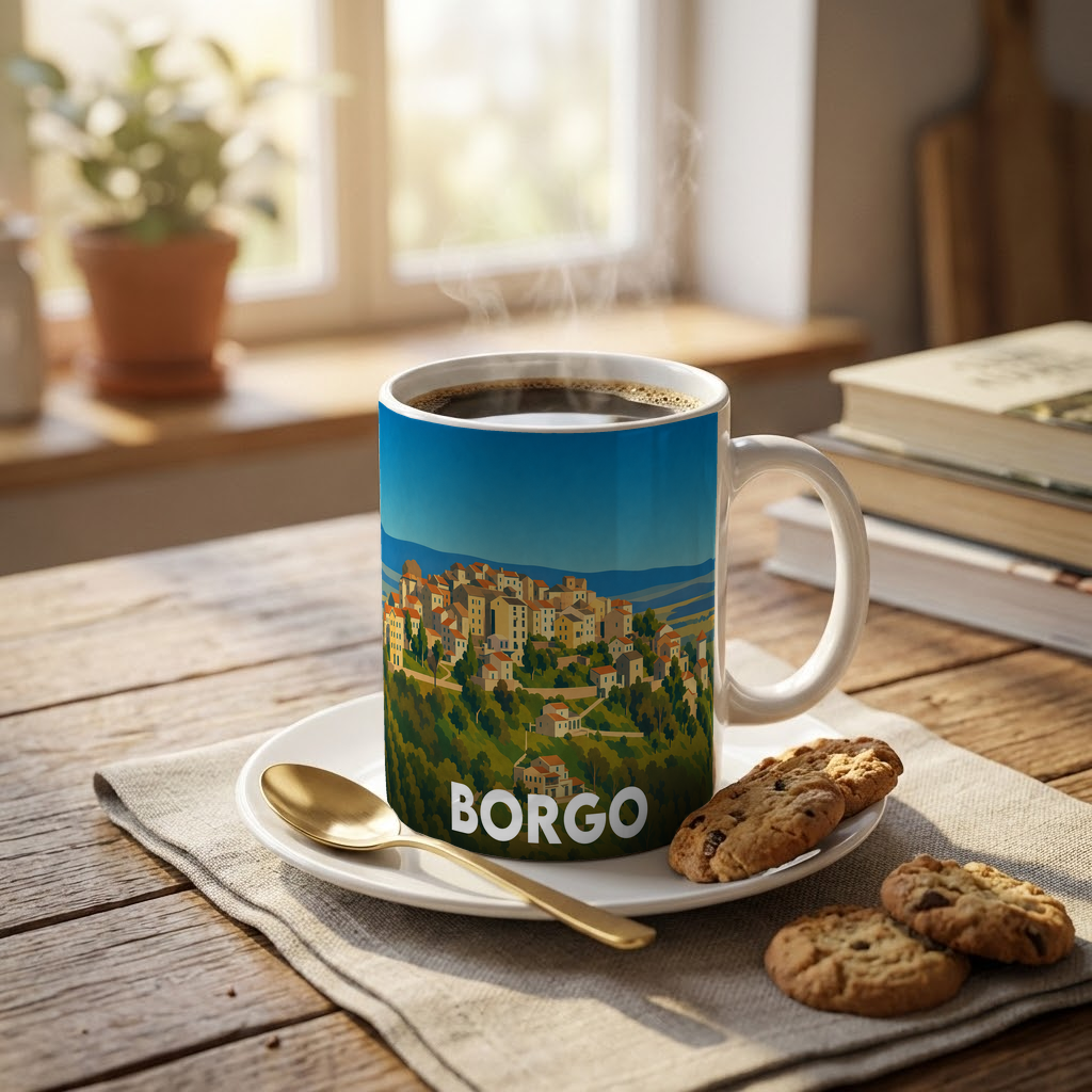 Mug souvenir de la ville de Borgo avec une illustration stylisée.