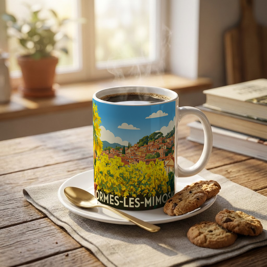 Mug souvenir de la ville de Bormes-les-Mimosas avec une illustration stylisée de son village fleuri.