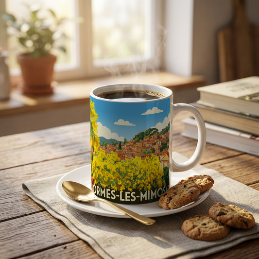 Mug souvenir de la ville de Bormes-les-Mimosas avec une illustration stylisée de son village fleuri.