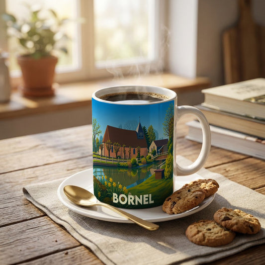 Mug souvenir de la ville de Bornel avec une illustration stylisée représentant une église au bord de l'eau.