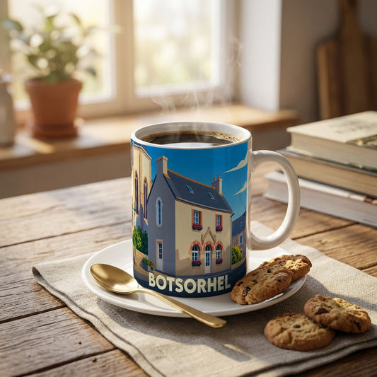 Mug souvenir de la ville de Botsorhel avec une illustration stylisée d'une maison traditionnelle bretonne.