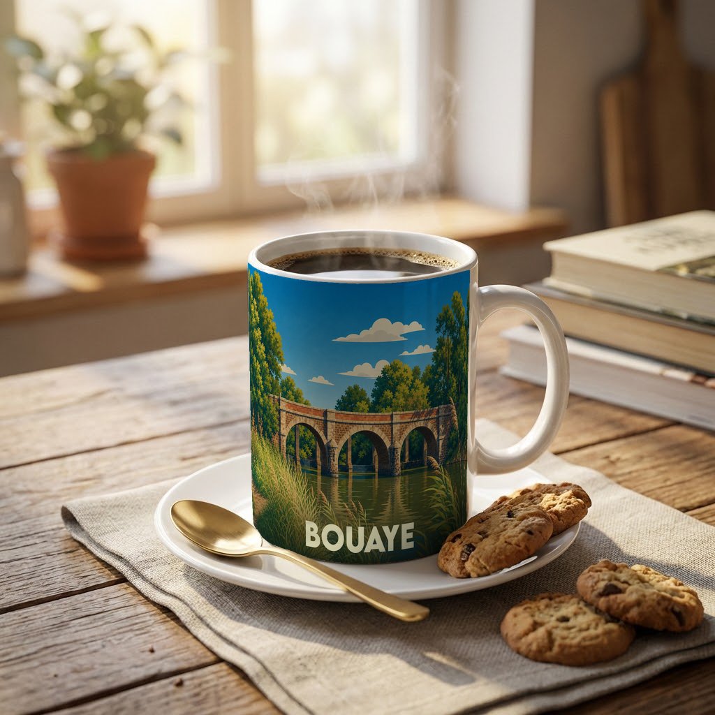 Mug souvenir de la ville de Bouaye orné d'une illustration stylisée d'un pont de pierre.