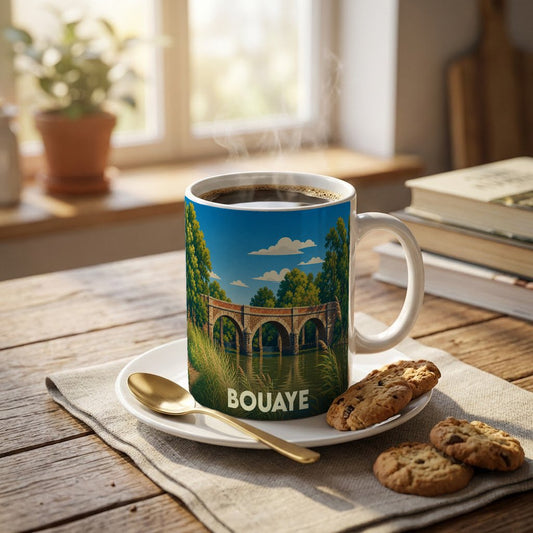 Mug souvenir de la ville de Bouaye orné d'une illustration stylisée d'un pont de pierre.