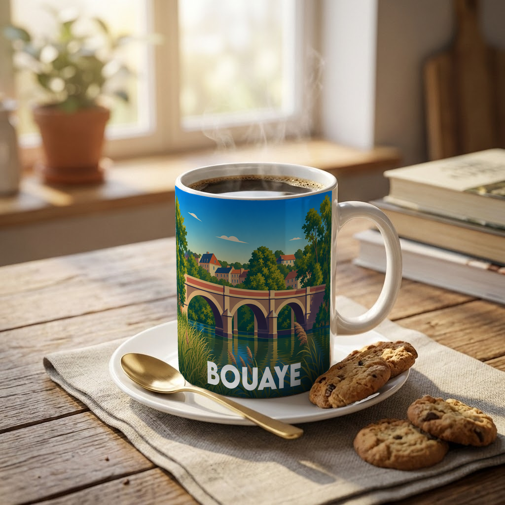 Mug souvenir de la ville de Bouaye orné d'une illustration stylisée représentant son pont et son paysage verdoyant.