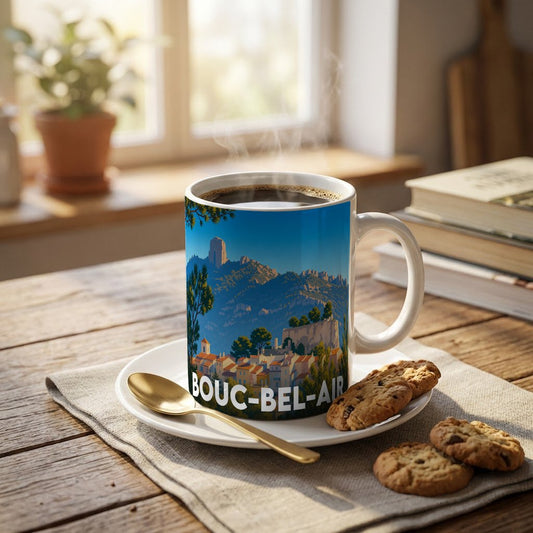 Mug souvenir de la ville de Bouc-Bel-Air avec une illustration stylisée.