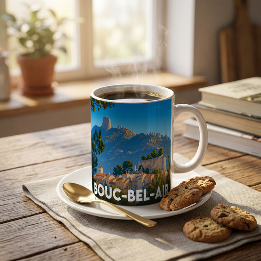 Mug souvenir de la ville de Bouc-Bel-Air avec une illustration stylisée.