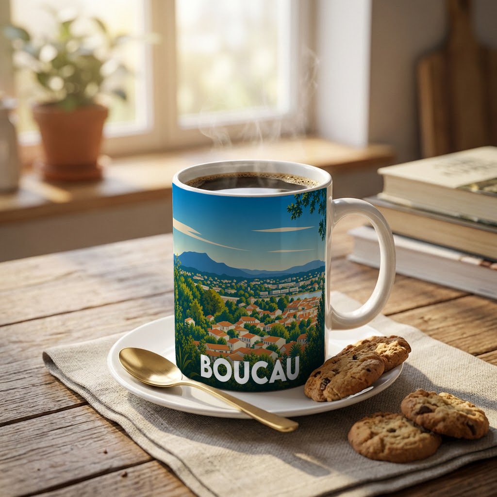 Mug souvenir de la ville de Boucau avec une illustration stylisée de ses paysages.