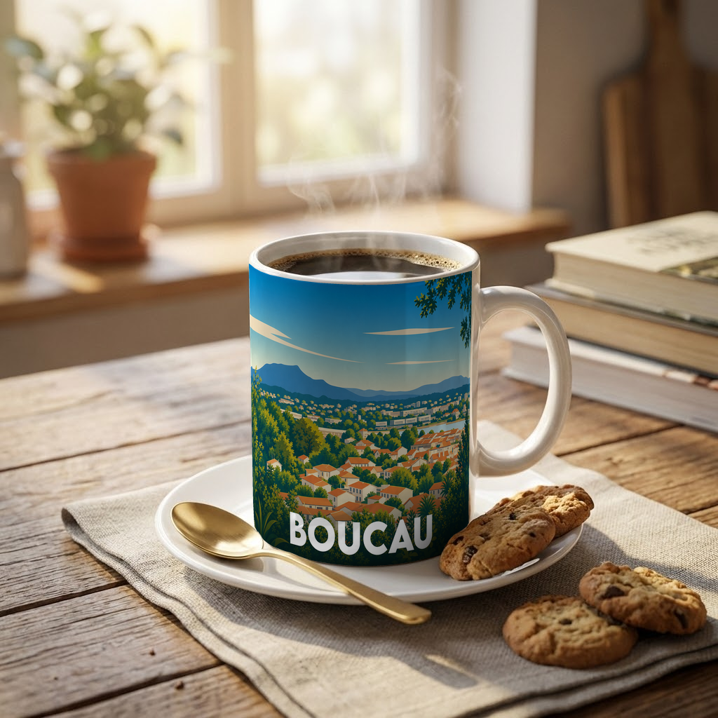 Mug souvenir de la ville de Boucau avec une illustration stylisée de ses paysages.