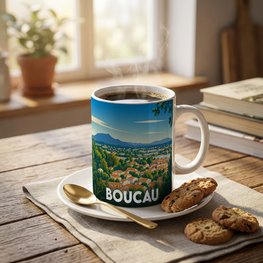 Mug souvenir de la ville de Boucau avec une illustration stylisée de ses paysages.
