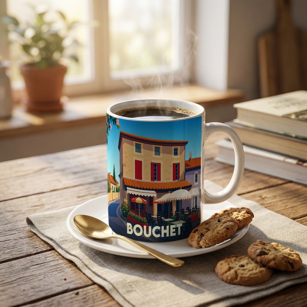 Mug souvenir de la ville de Bouchet orné d'une illustration colorée d'une terrasse de café.