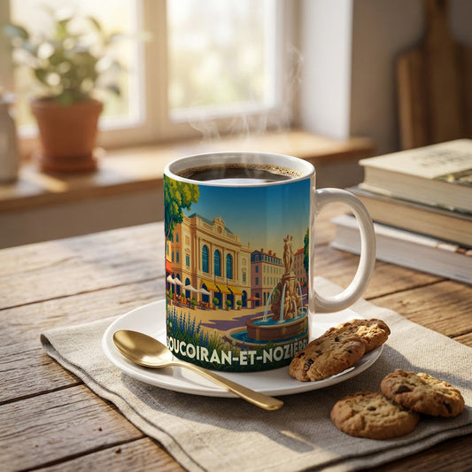 Mug souvenir de la ville de Boucoiran-et-Nozières avec une illustration stylisée d'une place ensoleillée.