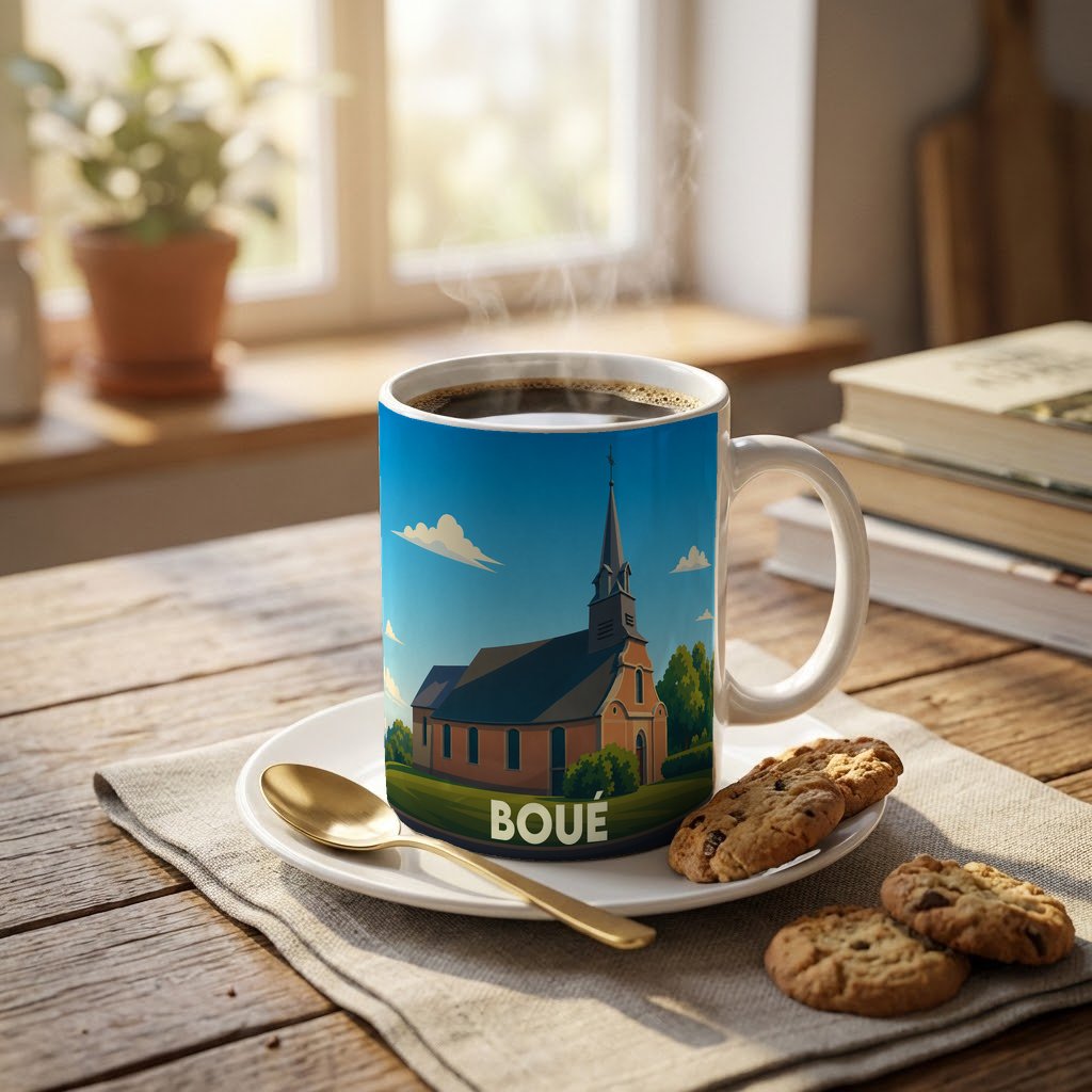 Mug souvenir de la ville de Boué orné d'une illustration stylisée de son église.