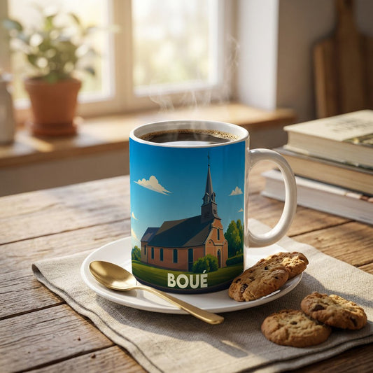 Mug souvenir de la ville de Boué orné d'une illustration stylisée de son église.
